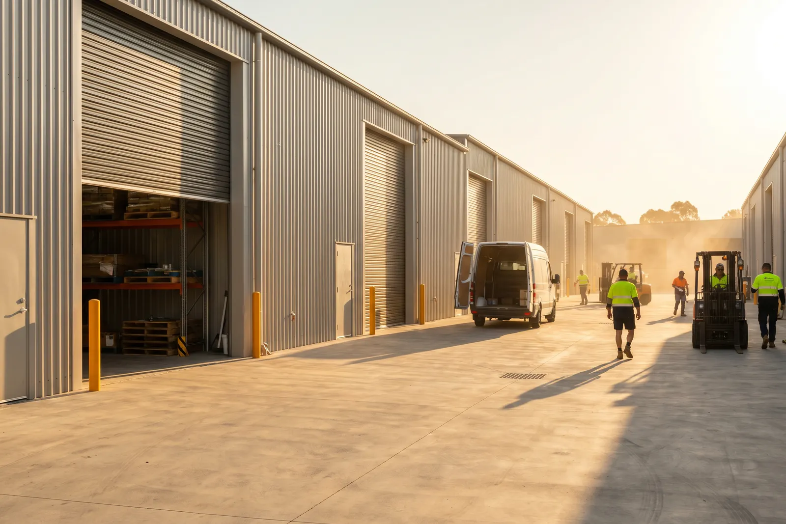 A working light-industrial estate with tall roller shutters, one half raised, early morning