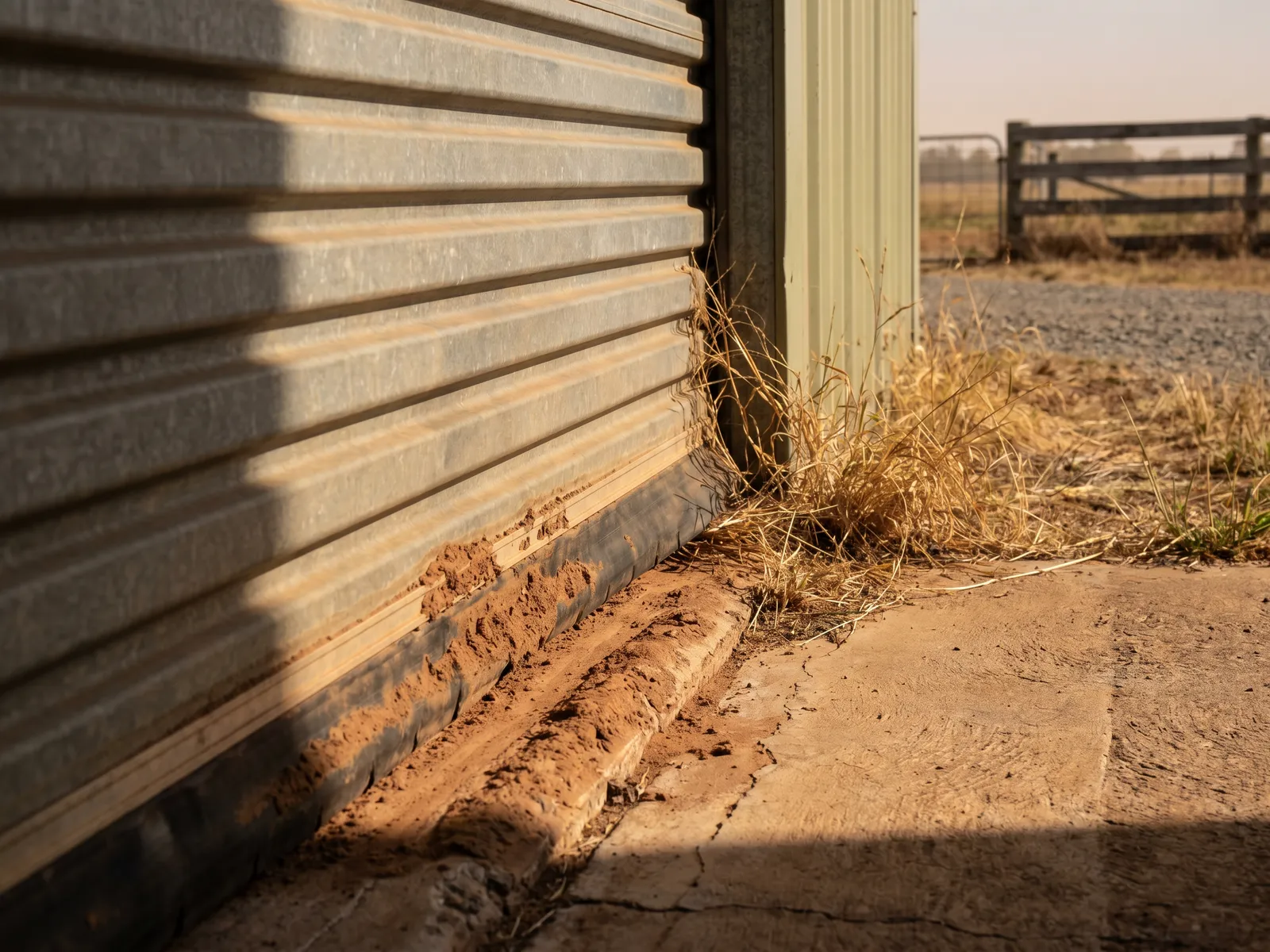 Red-brown dust banked along the bottom seal of a farm shed roller door