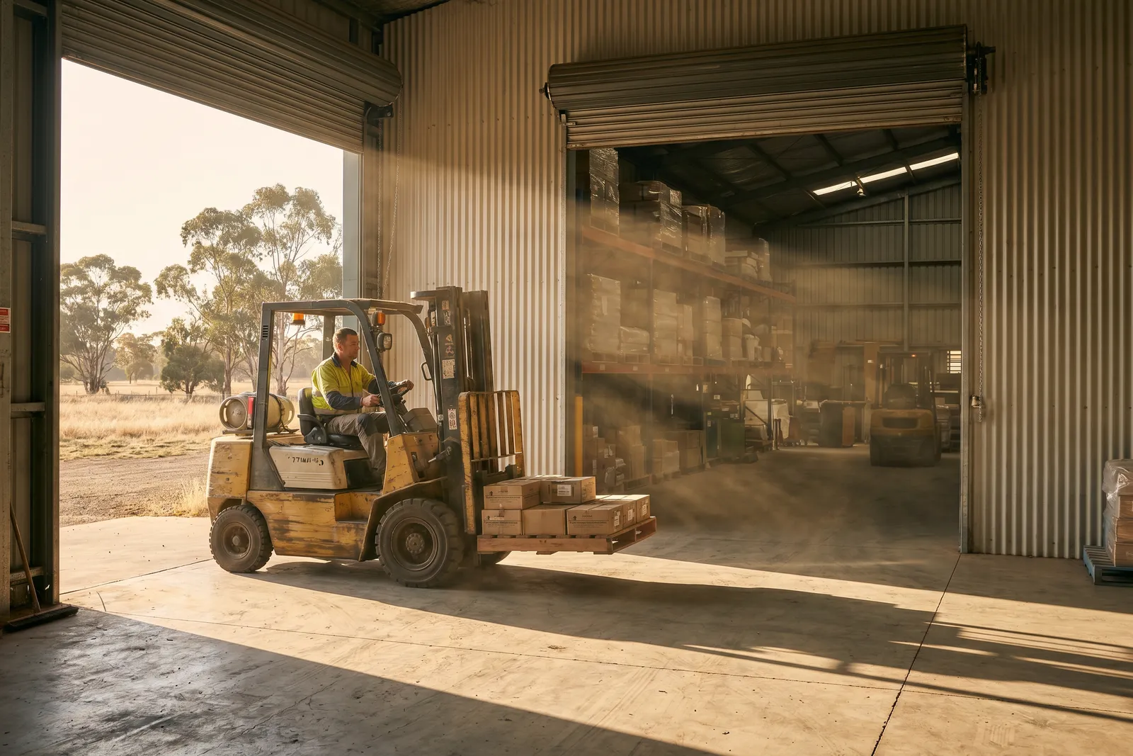 A forklift working through a wide roller shutter doorway in morning light