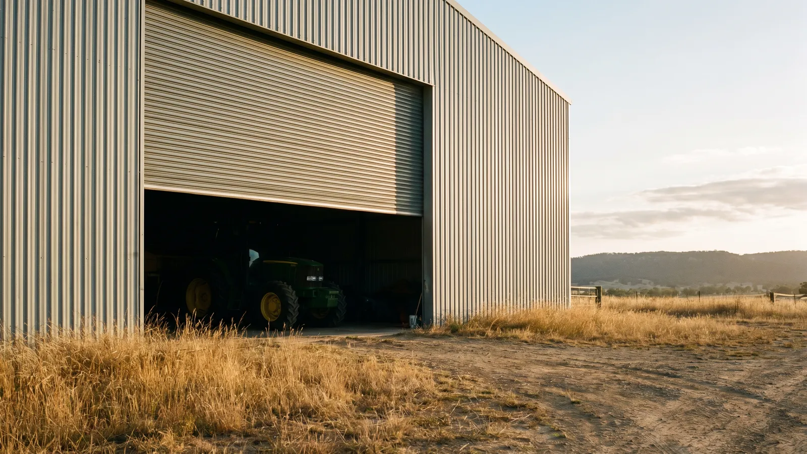 A wide steel machinery shed with a large roller door, early morning in the Hunter Valley