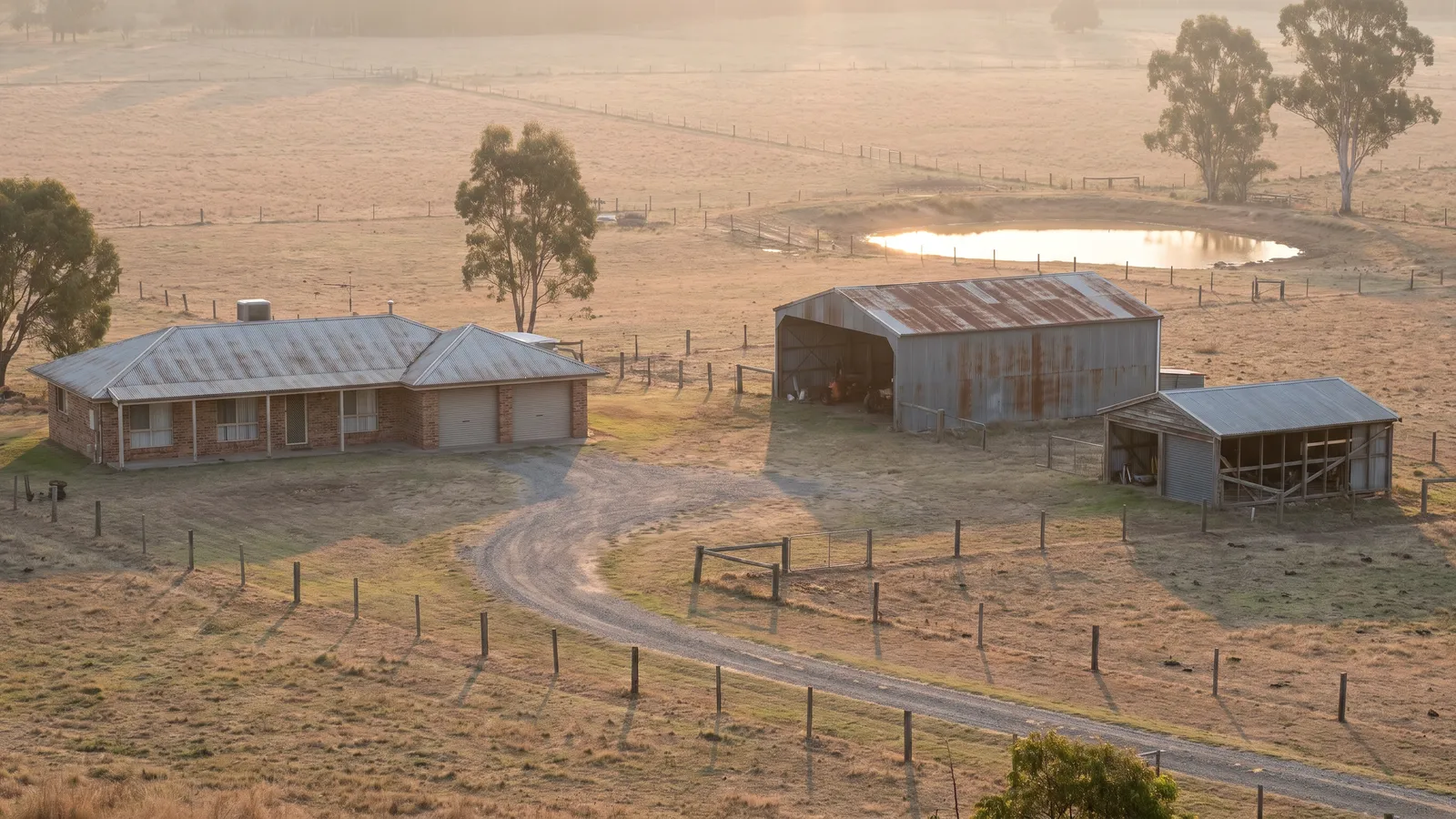 A Hunter Valley acreage property with a house, machinery shed and workshop shed across dry paddocks
