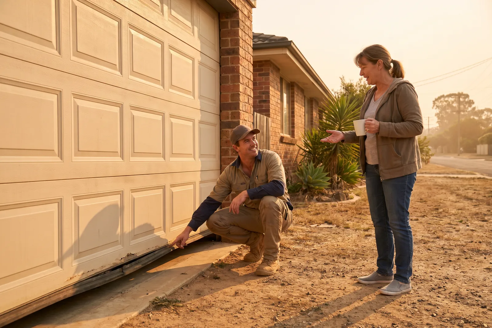 A technician checking the bottom seal of a home sectional door while the homeowner looks on