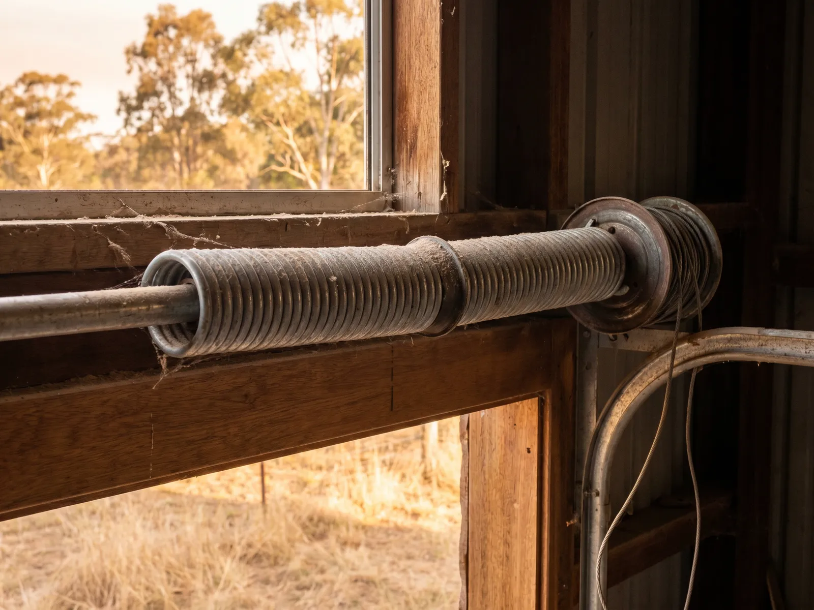 A torsion spring on its steel shaft with a cable drum, dusty from shed work