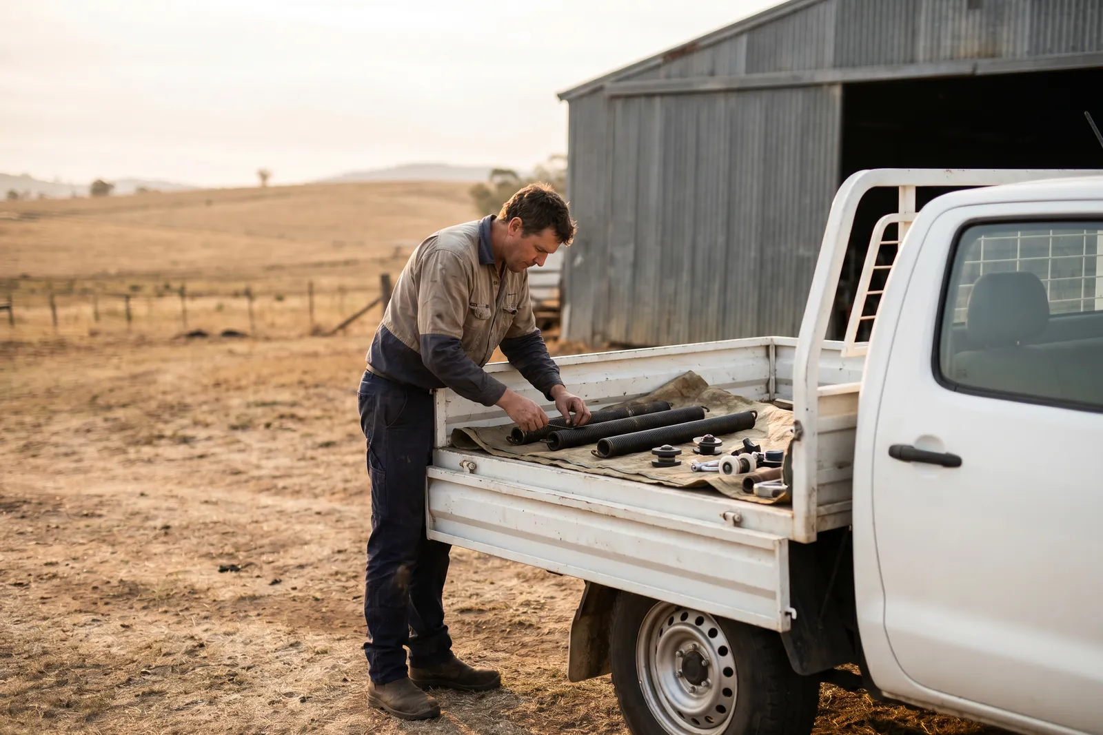 A technician sorting torsion springs and rollers on a ute tray in front of a farm shed