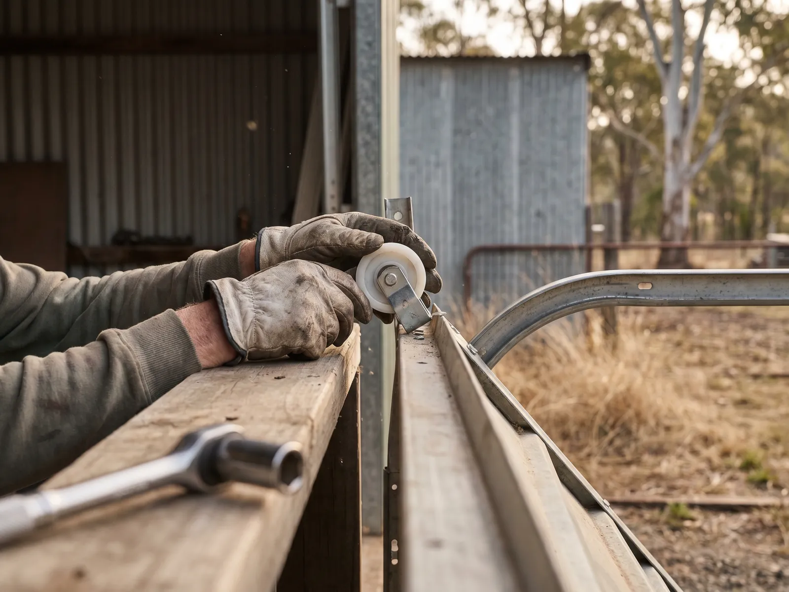 Gloved hands fitting a roller wheel back into the steel track of a sectional door