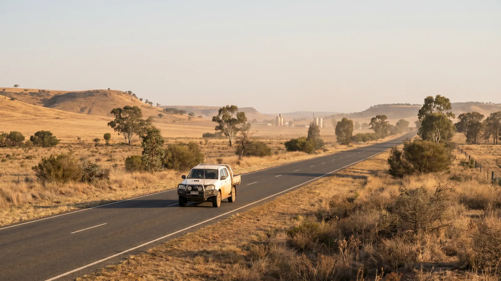 A white ute on a long straight rural road through dry Hunter Valley country