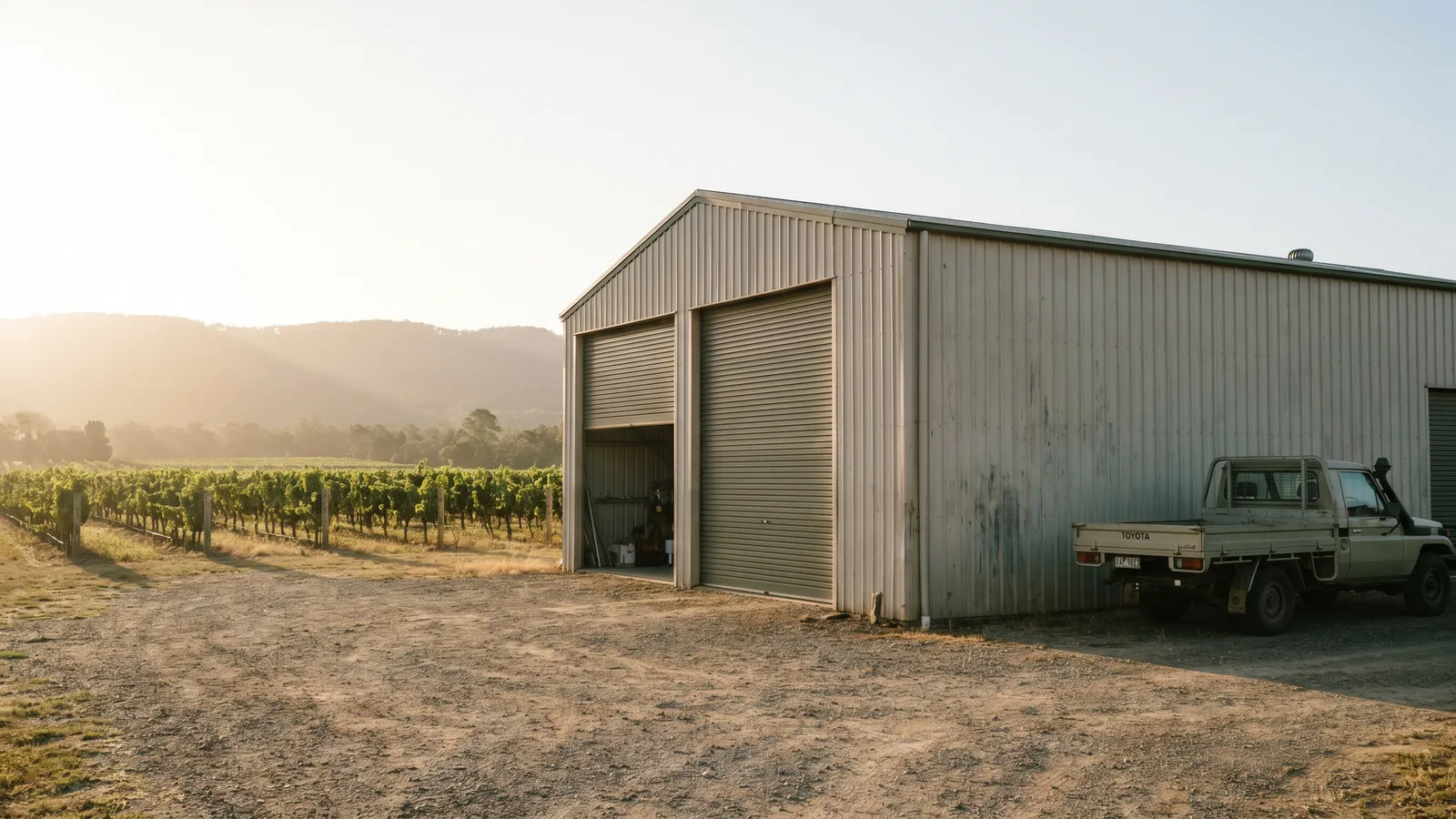 A wide steel shed with roller doors beside vine rows at Pokolbin in morning light